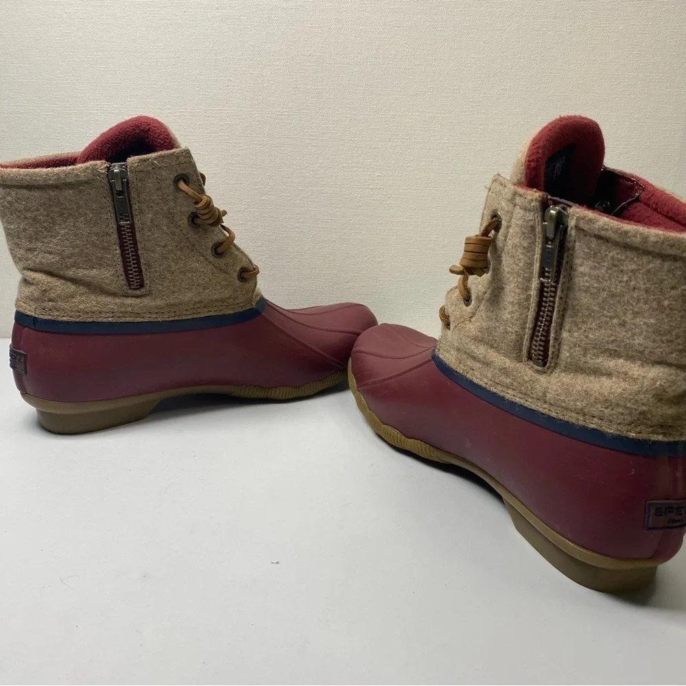 Sperry Saltwater Wool duck boots sz‎ 8 Rubber Side Zip Fleece Lined red tan